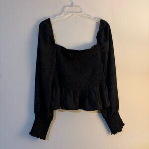 Shinestar Womens Black Floral Paisley Smocked Long Sleeve Shirt Top Size XL